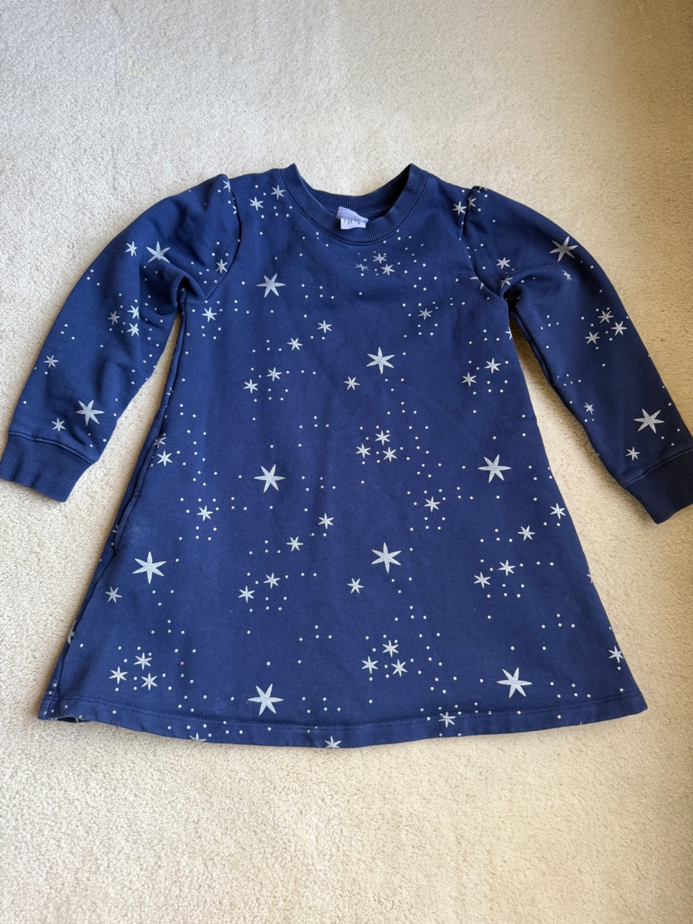 Hanna Andersson Girls Long Sleeve Foil Print Fleece Dress Stars Navy Size 5